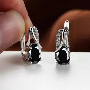 Стильные серебряные серьги-капли овальной огранки с черным камнем, висячие серьги золотого цвета, серьги-крючки с камнем по случаю рождения, серьги на свадьбу, помолвку, подарок чёрный