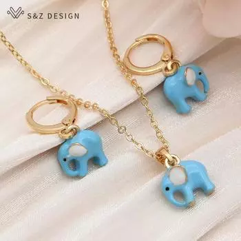 Стильные сине-розовые эмалированные серьги-капли со слоном, комплекты ювелирных изделий для женщин, ожерелье с подвеской для девочек, повседневный подарок для вечеринки