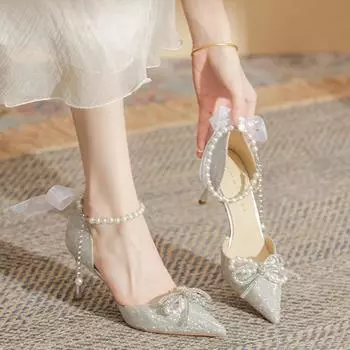 Стильные свадебные банкетные туфли на высоком каблуке женские туфли роскошные туфли Мэри Джейн Zapatos De Mujer с тонким каблуком и бантом, полные бриллиантов 2024 34