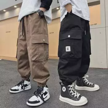 Стильные свободные повседневные комбинезоны для мальчиков 2023 года на весну и осень – модные детские брюки среднего и большого размера 120 cm чёрный