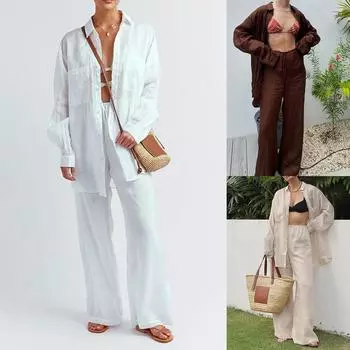 Стильные свободные женские рубашки-брюки, рубашки с длинными рукавами с лацканами и эластичные брюки с высокой посадкой, комплект из 2 предметов, модная офисная одежда L белый