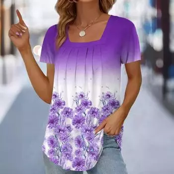 Стильные топы Футболки Плиссированные топы с коротким рукавом S синий