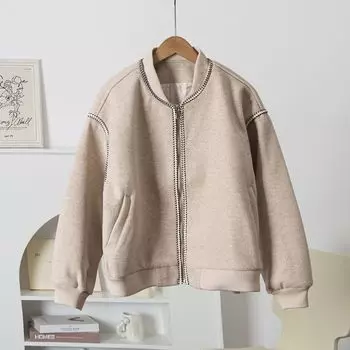 [Стильные товары] Текстурная шерстяная ткань | Трехмерный контрастный цвет, открытая строчка, длинный рукав, бейсбольная верхняя одежда, женская куртка, весна и осень Camel color M