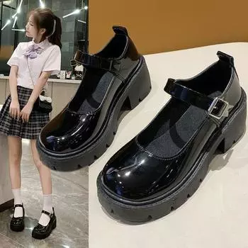 Стильные туфли на толстой подошве, весна-лето, маленькая кожаная обувь с пряжкой в британском стиле, повседневная женская обувь 35 чёрный