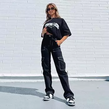 Стильные узкие красивые женские свободные трендовые джинсы-карго с высокой талией S чёрный