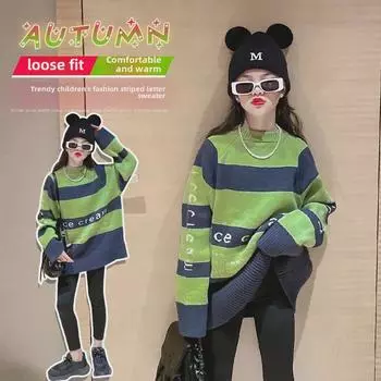 Стильные вязаные свитера для девочек осень/зима 2024 года для детей среднего и большого возраста 130 cm зелёный