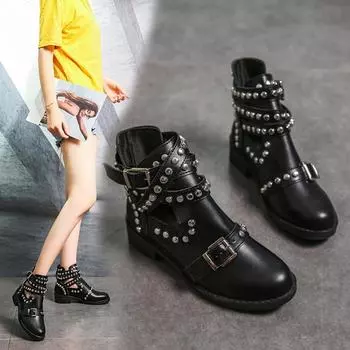 Стильные женские ботильоны с заклепками T-Band Punk Goth Shoes Металлическая пряжка Женские туфли на толстом каблуке Женские вечерние туфли 35
