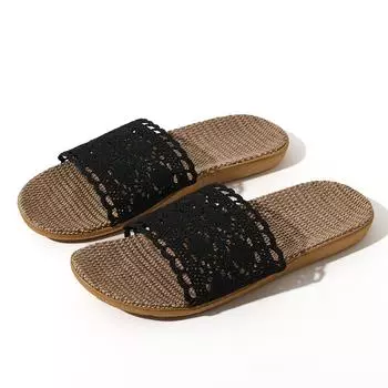 Стильные женские льняные тапочки с кружевной отделкой, идеальная летняя обувь для женщин 35-36 чёрный