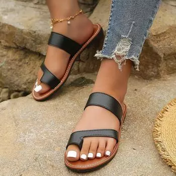 Стильные женские открытые шлепанцы на плоской подошве - однотонные повседневные пляжные сандалии с ремешком на щиколотке для повседневной носки 42 чёрный