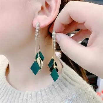 Стильные женские серьги с длинной металлической цепочкой из сплава, подарок на день рождения зелёный