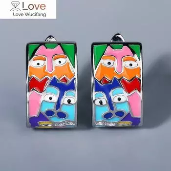 Стильные женские серебряные серьги Посеребренные серьги в форме лица Женские модные аксессуары для вечеринок Цветная эмаль Ручная работа