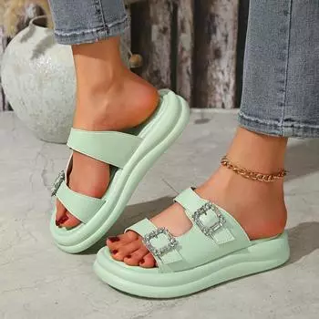 Стильные женские тапочки из ЭВА на платформе с двойной пряжкой. Удобные летние сандалии с толстой подошвой, нескользящие, с открытым носком. 35 зелёный