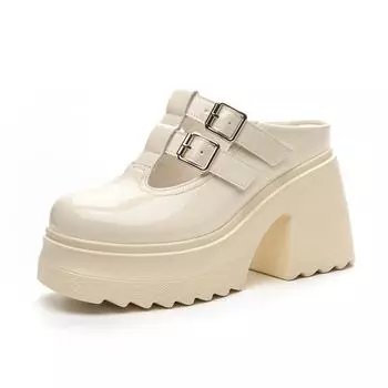 Стильные женские тапочки с закрытым носком 10 см на толстой подошве летние женские сандалии из лакированной кожи женские туфли 34 бежевый