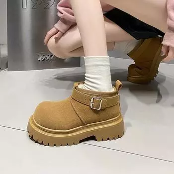 Стильные зимние женские туфли из бархата с толстой подошвой и круглым носком, элегантные, однотонные, с пряжкой, новые, удобные, теплые, для зимы 35