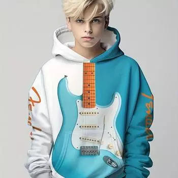 Стильный 3D-принт гитары для мальчиков, повседневный свитер с длинным рукавом, толстовка для мальчиков на весну и осень, детские толстовки с капюшоном для активного отдыха 100