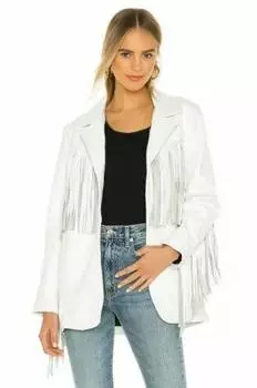 Стильный белый женский блейзер из натуральной овчины с бахромой для вечеринок и торжеств S белый