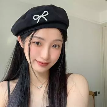 Стильный берет Pinch~ Bow Pearl Black, женский корейский, летний, тонкий, дышащий, милый, шляпа художника Suitable for head circumference of 54-57 cm