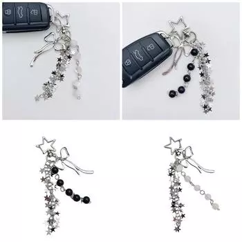 Стильный брелок для ключей с кисточками в виде звезды, бантом и бусинами, подвесной брелок для ключей, цепочка для телефона ручной работы, аксессуары для женщин и подростков чёрный