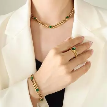 Стильный чокер, простая позолоченная цепочка из титановой стали, инкрустированная бело-зеленым цирконием, браслет, ожерелье, комплект ювелирных изделий