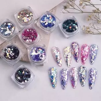 Стильный дизайн ногтей с блестками и шестигранной гладкой поверхностью для украшения ногтей B