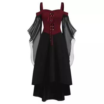 Стильный готический наряд, готический костюм ведьмы на Хэллоуин с воротником на шнуровке и длинными роговыми рукавами, женское платье для косплея для вечеринки S чёрный