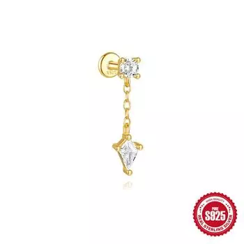 Стильный и простой Ins S925 стерлингового серебра Кайт камень с бриллиантами Плоская головка Внутренняя резьба Прокол Козелок серьга-пусет женская