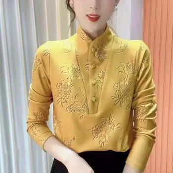 Стильный и теплый бархатный топ с длинными рукавами и принтом «Трехмерный темперамент» с полувысоким воротом для женщин M жёлтый