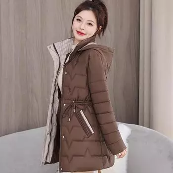 Стильный и теплый: Пальто средней длины в корейском стиле с капюшоном больших размеров для женщин L хаки