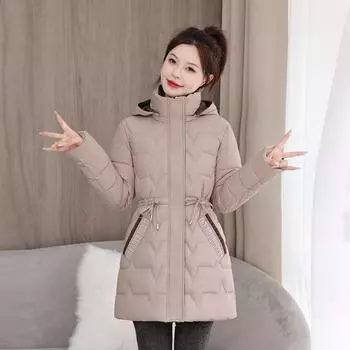 Стильный и теплый: Пальто средней длины в корейском стиле с капюшоном больших размеров для женщин XL