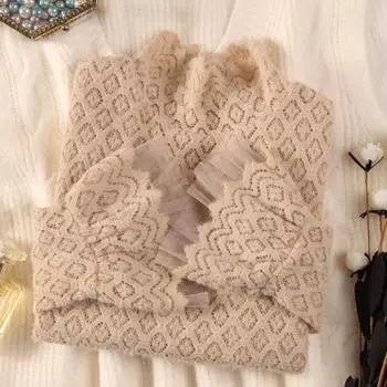 Стильный и теплый: Утолщенный плюшевый бархатный кружевной женский топ с длинными рукавами на весну S белый