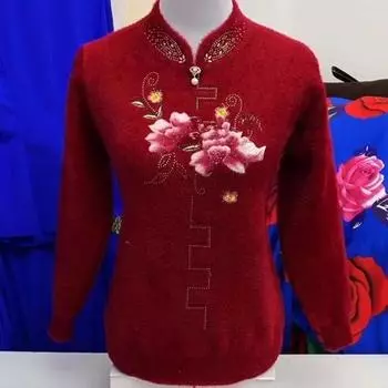 Стильный и теплый вышитый свитер из искусственной норки для женщин L красный