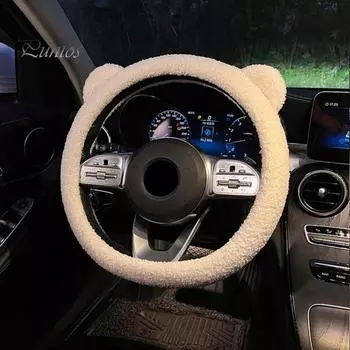 Стильный износостойкий моющийся чехол для руля автомобиля с медвежьими ушками, подушка для руля автомобиля 38cm чёрный