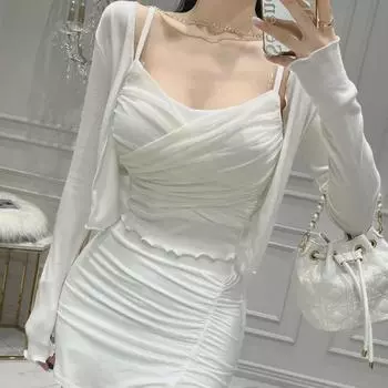 Стильный комплект из двух частей Dongdaemun: Сексуальный комплект из слинга и кардигана One Size чёрный