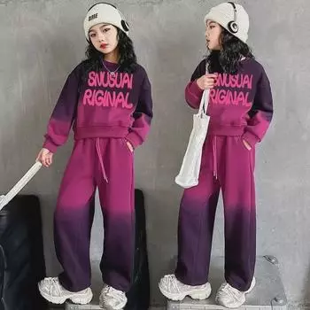 Стильный комплект из двух предметов: свитшот с градиентом для девочек на весну и осень 2025 г. 150