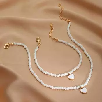 Стильный комплект из ожерелья и браслета с подвеской в виде сердца из бусин, идеально подходящий для подарка на свадьбу белый