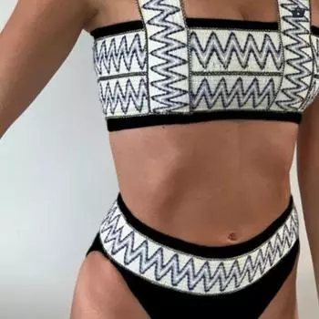 Стильный комплект купальников со средней посадкой, летний женский полосатый комплект бикини с эффектом пуш-ап для пляжа M синий