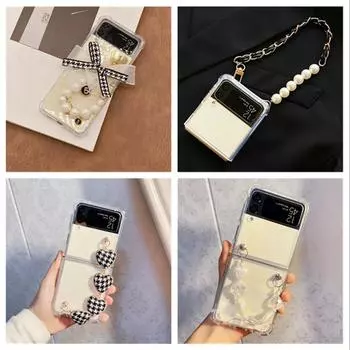Стильный кожаный браслет-цепочка с бантиком и жемчугом, чехол для телефона для Samsung Galaxy Z Flip 4 Z Flip 3, прозрачный противоударный Z-откидной чехол Para Galaxy Z Flip 3