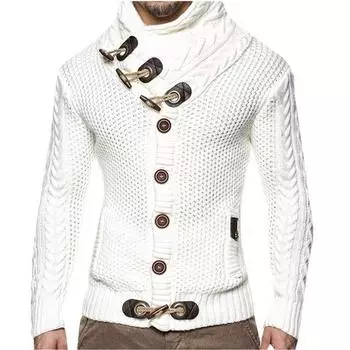 Стильный круассан на пуговицах, модный свитер с высоким воротником для отдыха, мужской вязаный кардиган с витым узором, свитер M темно-синий