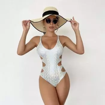 Стильный купальник бикини с вырезом сбоку, не выцветающий летний женский сексуальный цельный купальник для женщин M серебряный