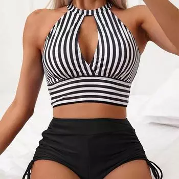 Стильный купальник, женский купальник с пуш-ап, пляжная одежда в полоску с высокой талией, комплект бикини из двух предметов, женский летний костюм S синий