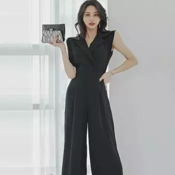 Стильный летний комбинезон Royal Sisters: Корейский узкий воротник костюма и широкие брюки S
