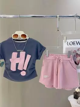 Стильный летний комплект из футболки и шорт для девочек, комплект из двух предметов - детская повседневная спортивная одежда 2023 года 160cm