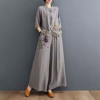 Стильный летний костюм-двойка: Вышитый топ из хлопка и льна с широкими брюками для женщин среднего возраста 5XL (for 150-160 jin) серый