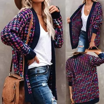 Стильный многоцветный кардиган с открытым передом - повседневный свободный вязаный кардиган с длинными рукавами и контрастной отделкой, удобный и универсальный для повседневной носки 1XL темно-синий