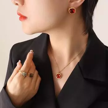 Стильный натуральный хрустальный камень квадратный кулон ожерелье серьги, аксессуары титановая сталь позолоченный комплект ювелирных изделий