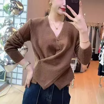 Стильный нерегулярный перекрестный кардиган с V-образным вырезом, осенний свитер, женский кардиган с длинным рукавом, женские вязаные свитера, зимние однотонные облегающие повседневные кардиганы 25308 One Size красный