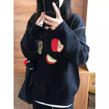 Стильный нишевый свободный черный забавный свитер с круглым вырезом Black S(Suggested 37.50 kg-47.50 kg)