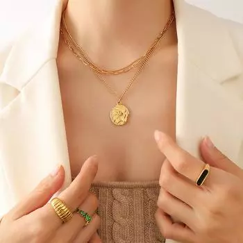 Стильный персонализированный портрет круглый фирменный кулон трехслойное женское ожерелье, титановая сталь с покрытием из настоящего золота 18 карат свитер цепь