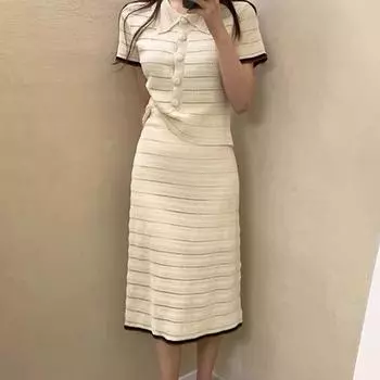 Стильный поло из двух частей с ажурным трикотажем: Комплект из топа с короткими рукавами и юбки Small чёрный