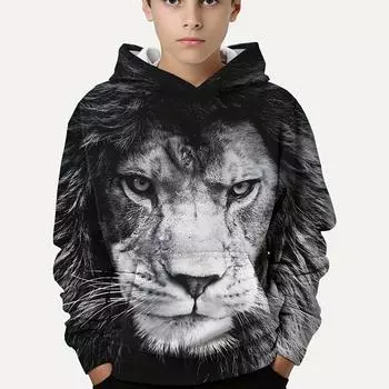 Стильный повседневный пуловер с 3D принтом льва для мальчиков, толстовки с длинными рукавами, толстовка на весну и осень, детские топы с капюшоном на открытом воздухе 100